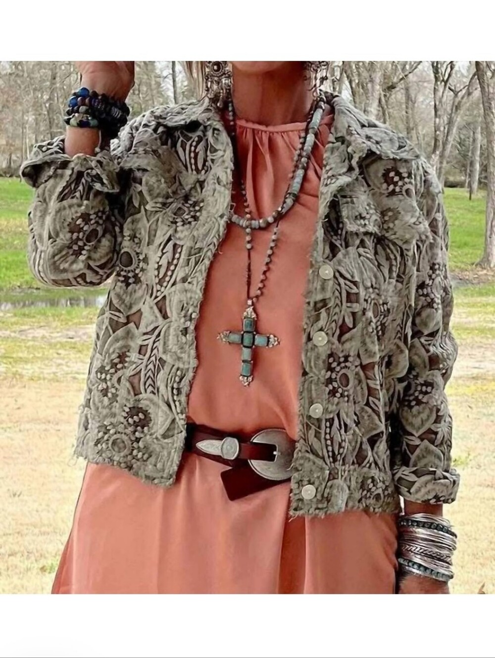145p Jaded Gypsy Garden Bliss Jacket Floral-Print Gray Button-Up Lace Jacket